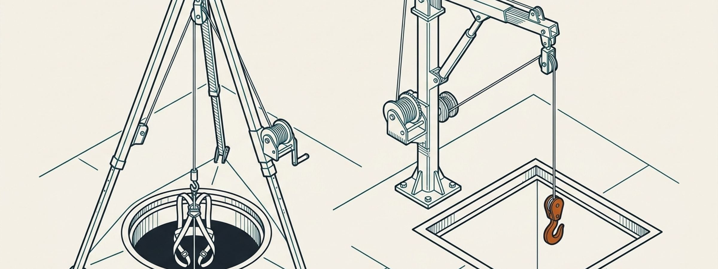 Isometric line illustration of access & retrieval rental equipment