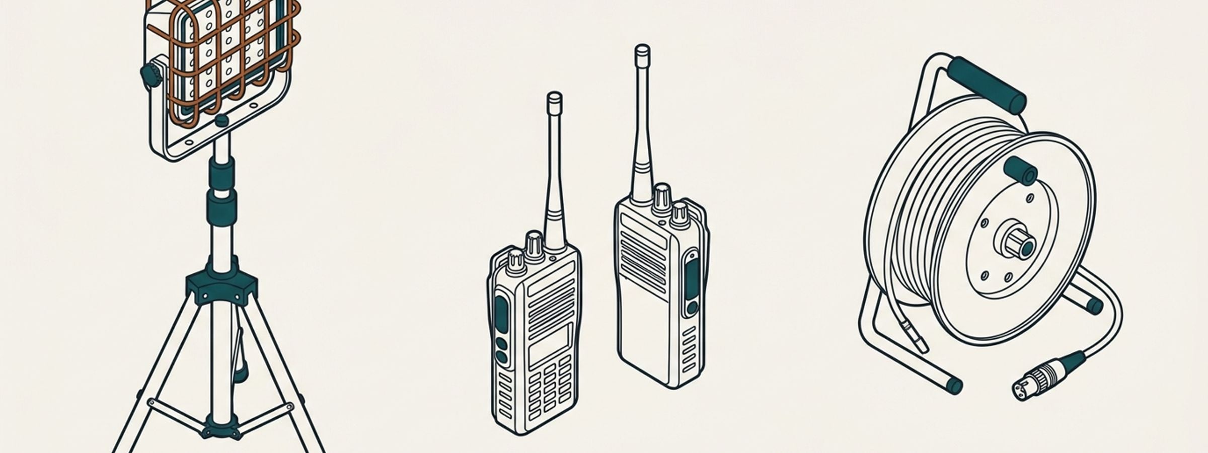 Isometric line illustration of communication & lighting rental equipment