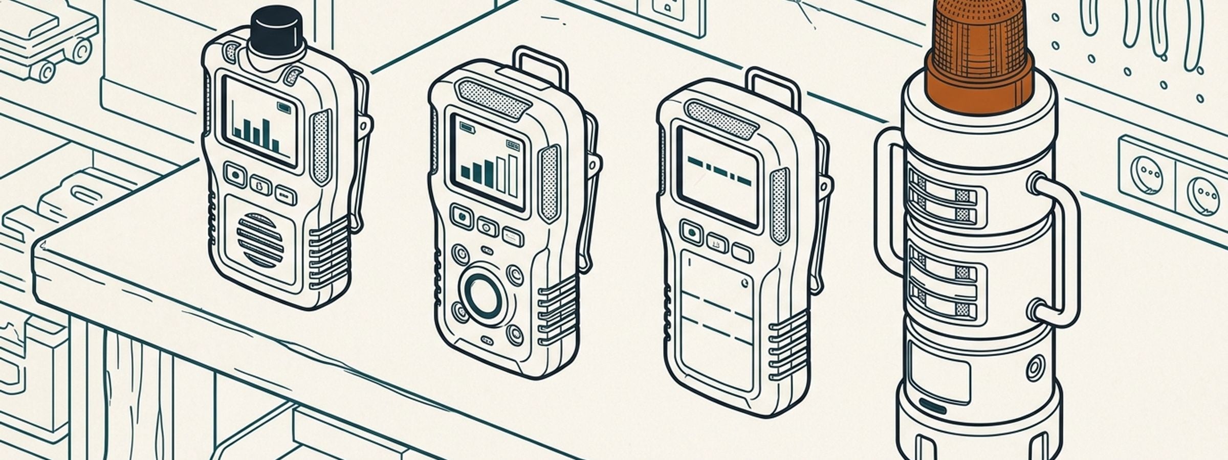 Isometric line illustration of gas detection rental equipment