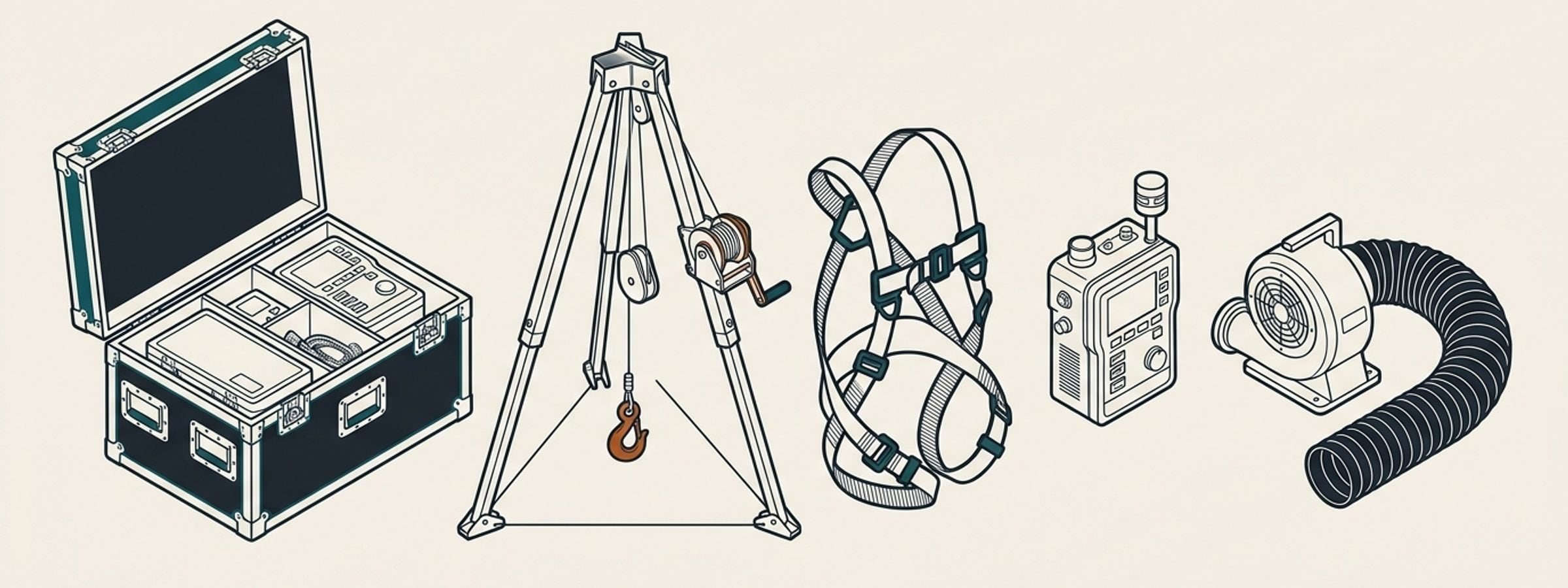 Isometric line illustration of entry kits rental equipment
