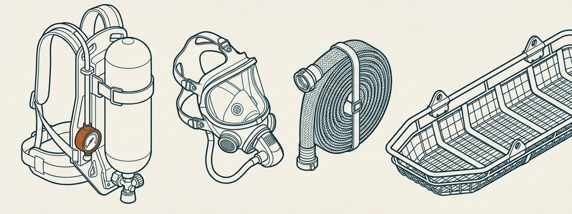Isometric line illustration of rescue & breathing air rental equipment